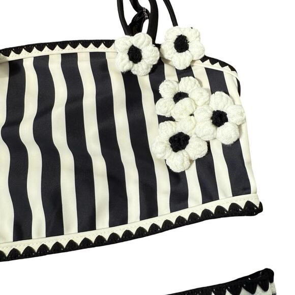 Rachel Zoe Girls Swimsuit Size 7 Black White Striped Bikini Floral Crochet Trim - Picture 3 of 7